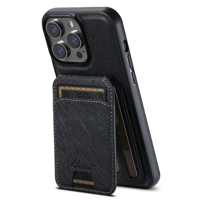 For iPhone 15 Pro Max Suteni H18 Cross Grain MagSafe Wallet Leather Phone Case(Black) by Suteni