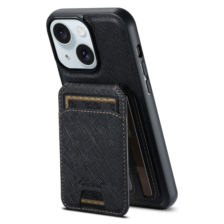For iPhone 15 Plus Suteni H18 Cross Grain MagSafe Wallet Leather Phone Case(Black) by Suteni
