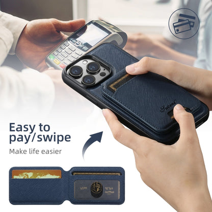 For iPhone 15 Plus Suteni H18 Cross Grain MagSafe Wallet Leather Phone Case(Blue) by Suteni