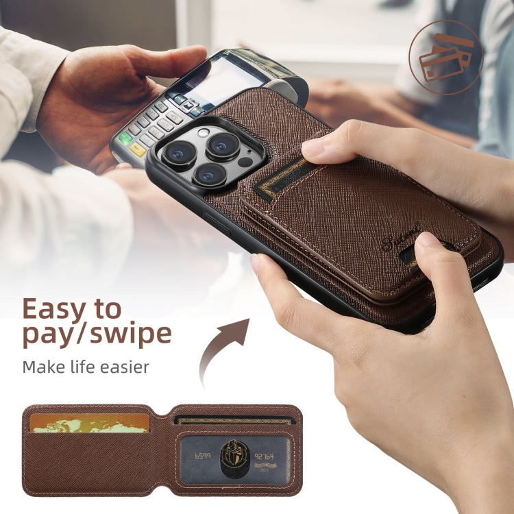 For iPhone 15 Pro Suteni H18 Cross Grain MagSafe Wallet Leather Phone Case(Brown) by Suteni