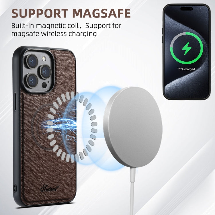 For iPhone 15 Pro Suteni H18 Cross Grain MagSafe Wallet Leather Phone Case(Brown) by Suteni