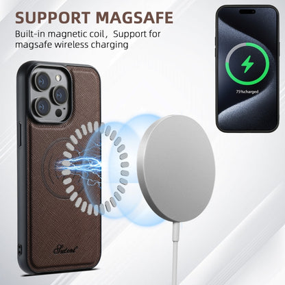 For iPhone 15 Pro Suteni H18 Cross Grain MagSafe Wallet Leather Phone Case(Brown) by Suteni