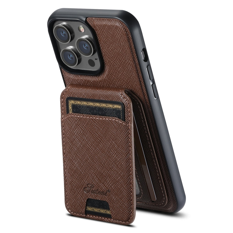 For iPhone 15 Pro Suteni H18 Cross Grain MagSafe Wallet Leather Phone Case(Brown) by Suteni