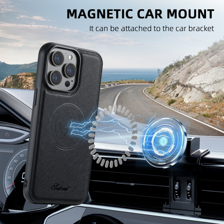 For iPhone 15 Suteni H18 Cross Grain MagSafe Wallet Leather Phone Case(Black) by Suteni