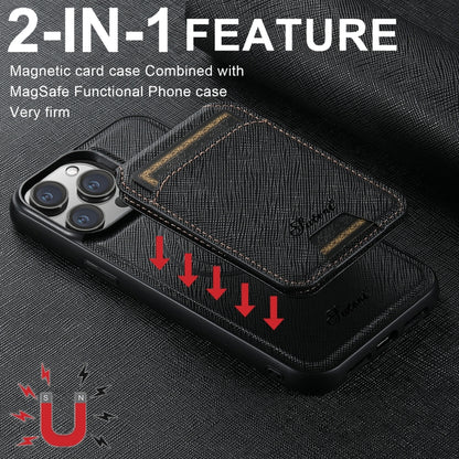 For iPhone 15 Suteni H18 Cross Grain MagSafe Wallet Leather Phone Case(Black) by Suteni