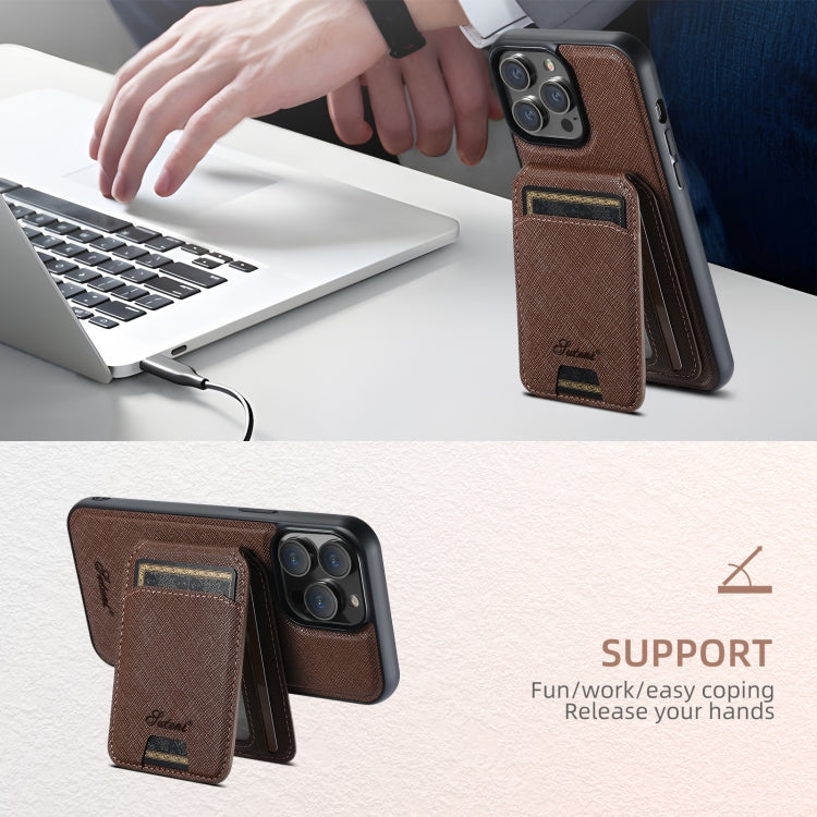 For iPhone 15 Suteni H18 Cross Grain MagSafe Wallet Leather Phone Case(Brown) by Suteni