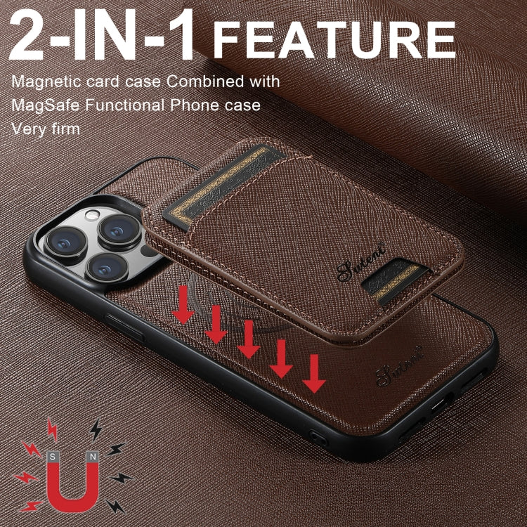 For iPhone 15 Suteni H18 Cross Grain MagSafe Wallet Leather Phone Case(Brown) by Suteni