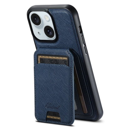 For iPhone 15 Suteni H18 Cross Grain MagSafe Wallet Leather Phone Case(Blue) by Suteni