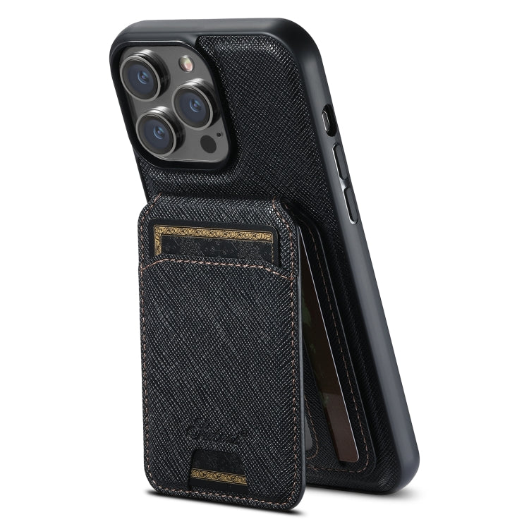 For iPhone 14 Pro Max Suteni H18 Cross Grain MagSafe Wallet Leather Phone Case(Black) by Suteni