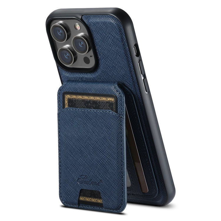 For iPhone 13 Pro Suteni H18 Cross Grain MagSafe Wallet Leather Phone Case(Blue) by Suteni