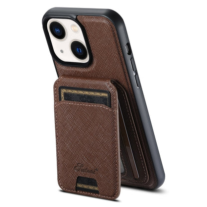 For iPhone 13 Suteni H18 Cross Grain MagSafe Wallet Leather Phone Case(Brown) by Suteni