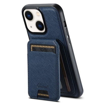 For iPhone 13 Suteni H18 Cross Grain MagSafe Wallet Leather Phone Case(Blue) by Suteni
