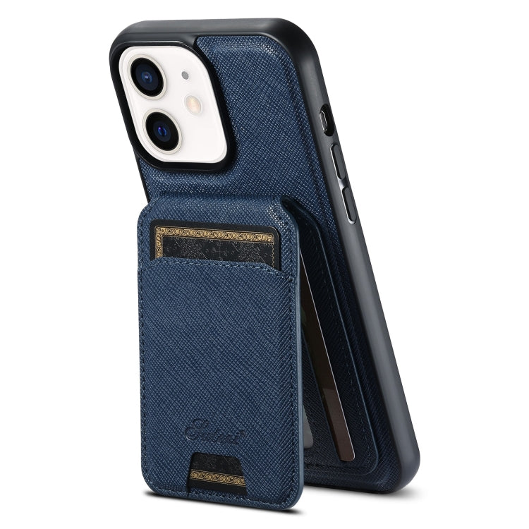 For iPhone 12 Suteni H18 Cross Grain MagSafe Wallet Leather Phone Case(Blue) by Suteni
