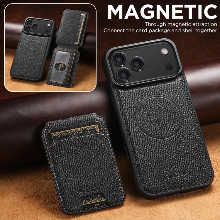 For iPhone 17 Pro Max Suteni H18 Cross Grain MagSafe Wallet Leather Phone Case(Black) by Suteni