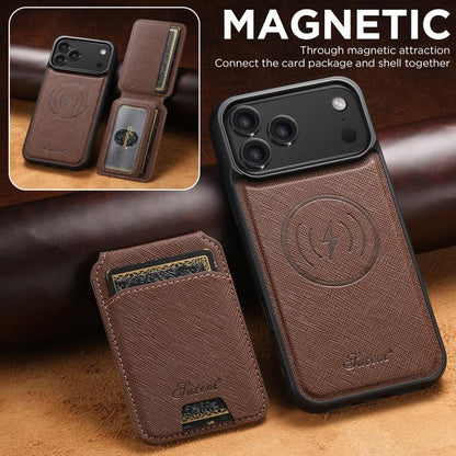 For iPhone 17 Pro Max Suteni H18 Cross Grain MagSafe Wallet Leather Phone Case(Brown) by Suteni
