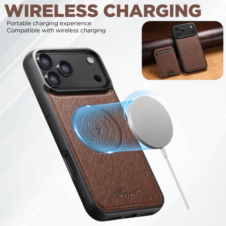 For iPhone 17 Pro Max Suteni H18 Cross Grain MagSafe Wallet Leather Phone Case(Brown) by Suteni