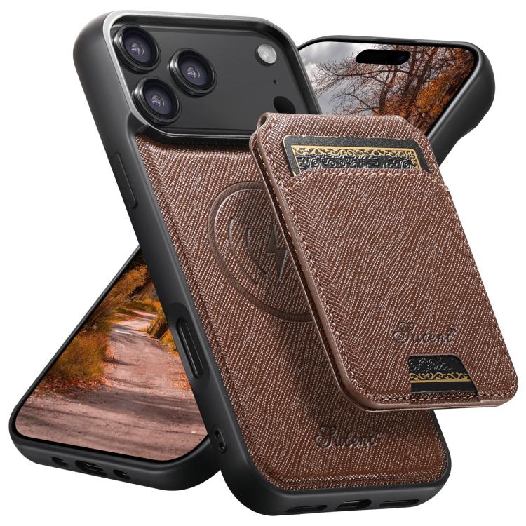 For iPhone 17 Pro Suteni H18 Cross Grain MagSafe Wallet Leather Phone Case(Brown) by Suteni