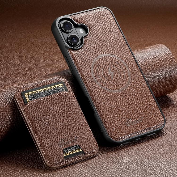For iPhone 17 Suteni H18 Cross Grain MagSafe Wallet Leather Phone Case(Brown) by Suteni