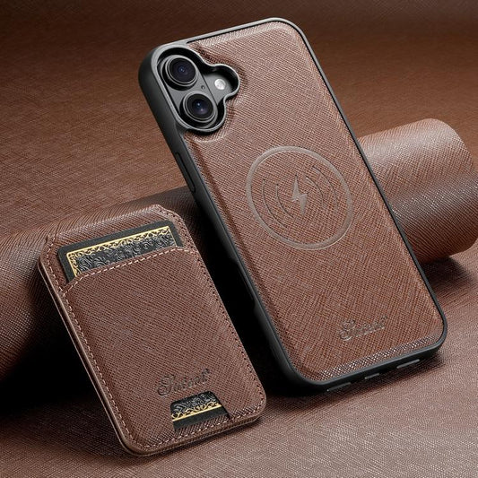 For iPhone 17 Suteni H18 Cross Grain MagSafe Wallet Leather Phone Case(Brown) by Suteni