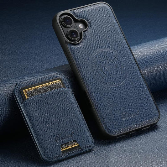 For iPhone 17 Suteni H18 Cross Grain MagSafe Wallet Leather Phone Case(Blue) by Suteni