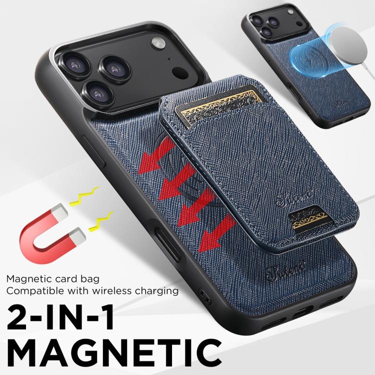 For iPhone 17 Suteni H18 Cross Grain MagSafe Wallet Leather Phone Case(Blue) by Suteni