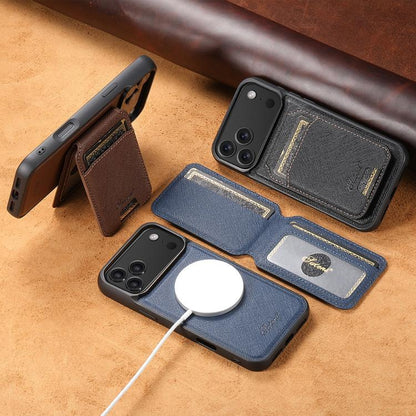 For iPhone 15 Pro Suteni H18 Cross Grain MagSafe Wallet Leather Phone Case(Brown) by Suteni