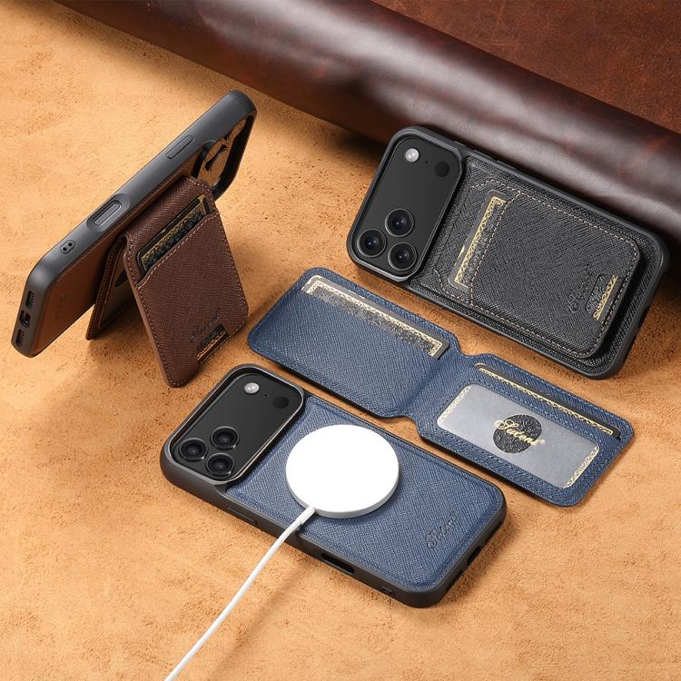 For iPhone 14 Suteni H18 Cross Grain MagSafe Wallet Leather Phone Case(Black) by Suteni