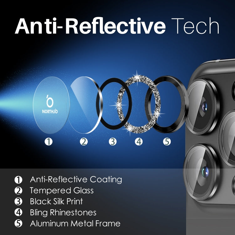 For iPhone 16 Pro / 16 Pro Max NORTHJO Glitter Camera Lens Protector Tempered Glass Metal Ring Film(Black) by NORTHJO