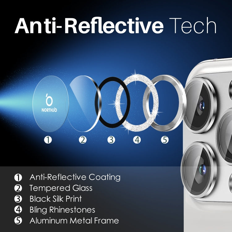 For iPhone 16 Pro / 16 Pro Max NORTHJO Glitter Camera Lens Protector Tempered Glass Metal Ring Film(Silver) by NORTHJO