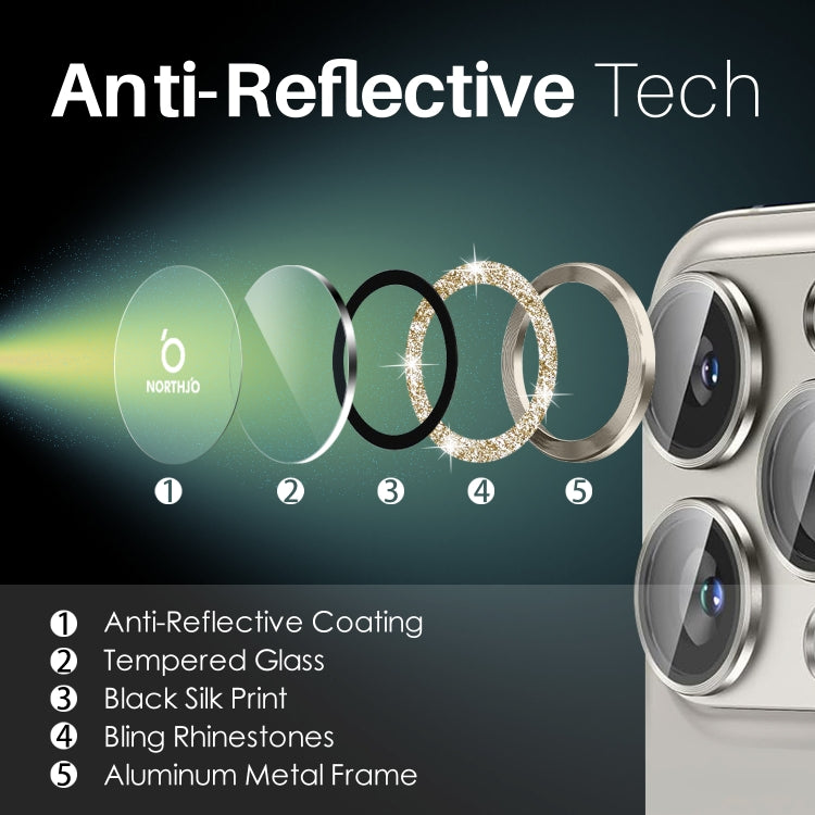 For iPhone 16 Pro / 16 Pro Max NORTHJO Glitter Camera Lens Protector Tempered Glass Metal Ring Film(Natural) by NORTHJO