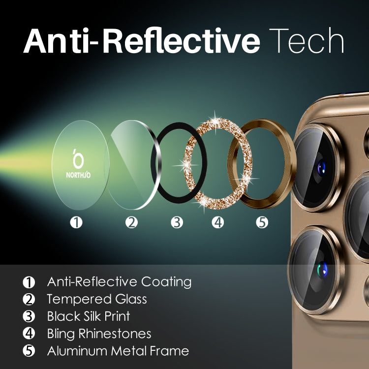 For iPhone 16 Pro / 16 Pro Max NORTHJO Glitter Camera Lens Protector Tempered Glass Metal Ring Film(Brown) by NORTHJO