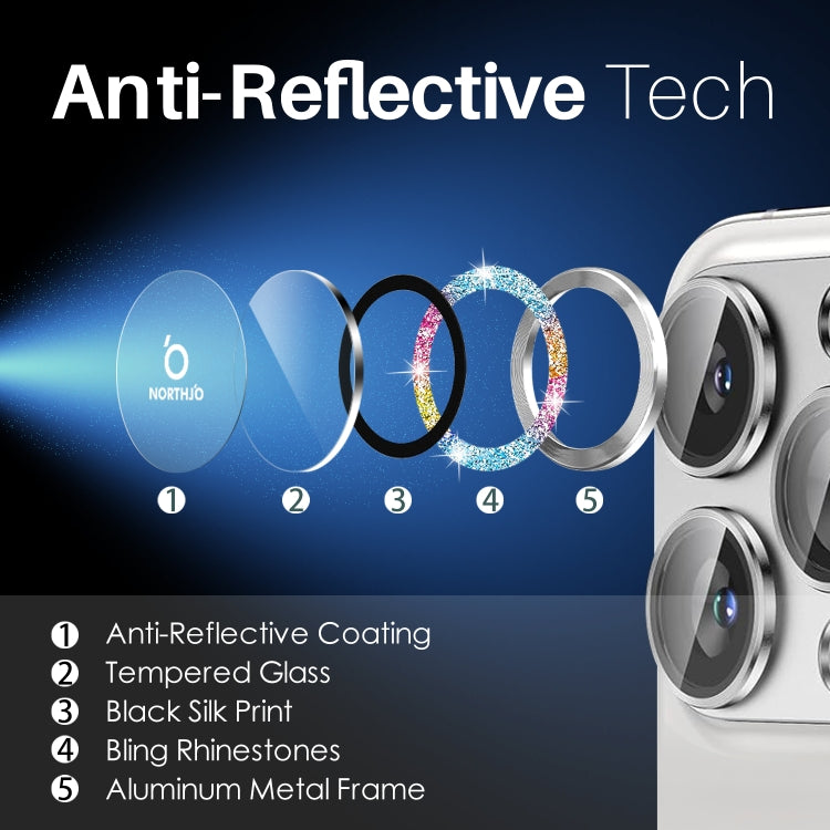 For iPhone 16 Pro / 16 Pro Max NORTHJO Glitter Camera Lens Protector Tempered Glass Metal Ring Film(Colorful) by NORTHJO