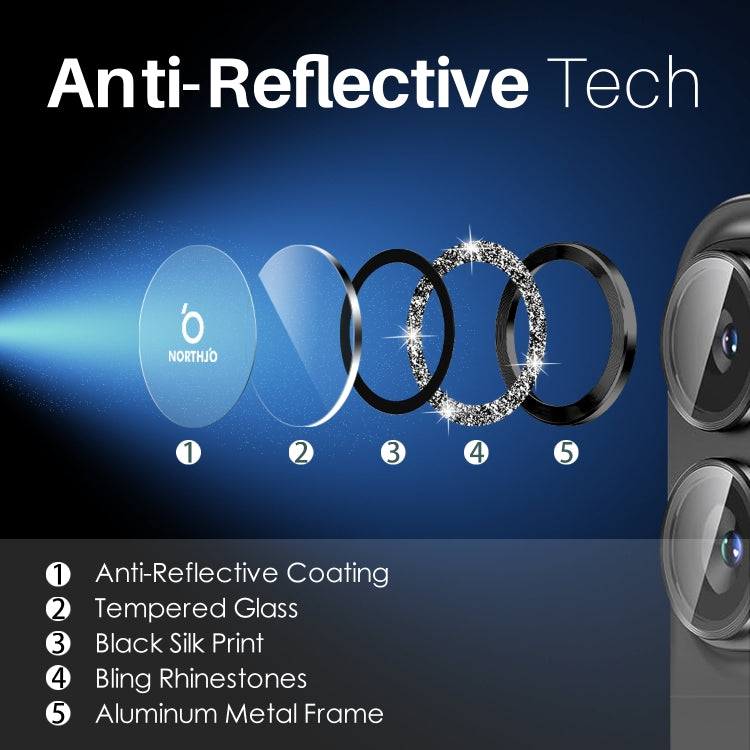 For iPhone 16 / 16 Plus NORTHJO Glitter Camera Lens Protector Tempered Glass Metal Ring Film(Black) by NORTHJO