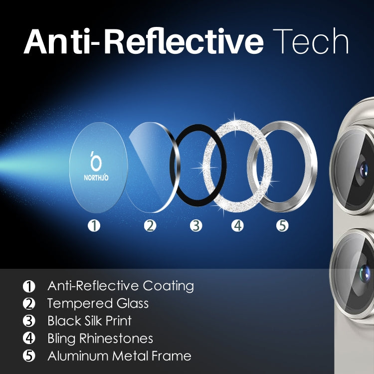 For iPhone 16 / 16 Plus NORTHJO Glitter Camera Lens Protector Tempered Glass Metal Ring Film(Silver) by NORTHJO