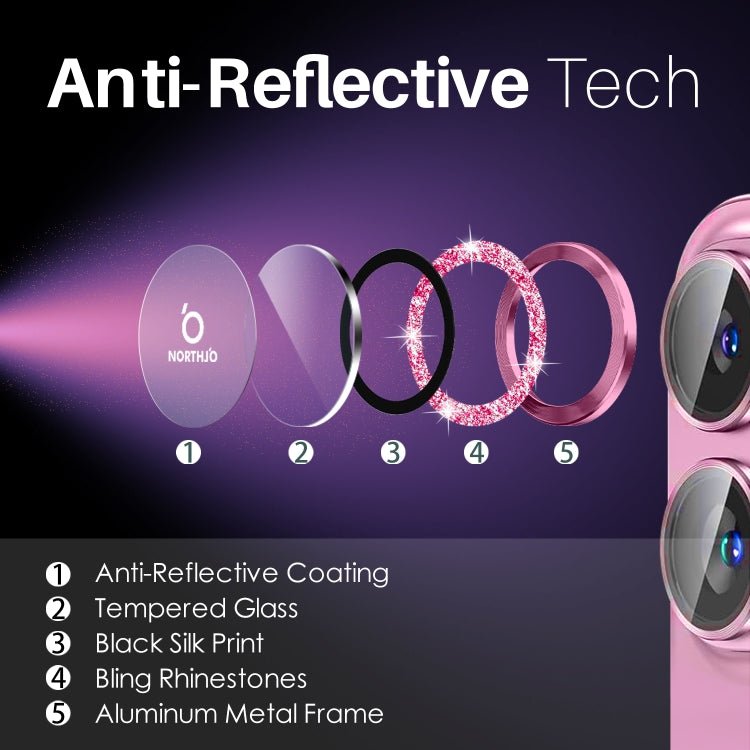 For iPhone 16 / 16 Plus NORTHJO Glitter Camera Lens Protector Tempered Glass Metal Ring Film(Rose) by NORTHJO