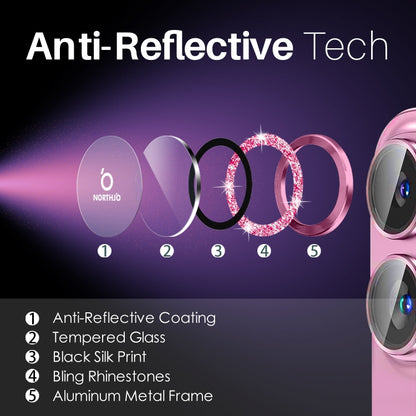 For iPhone 16 / 16 Plus NORTHJO Glitter Camera Lens Protector Tempered Glass Metal Ring Film(Rose) by NORTHJO