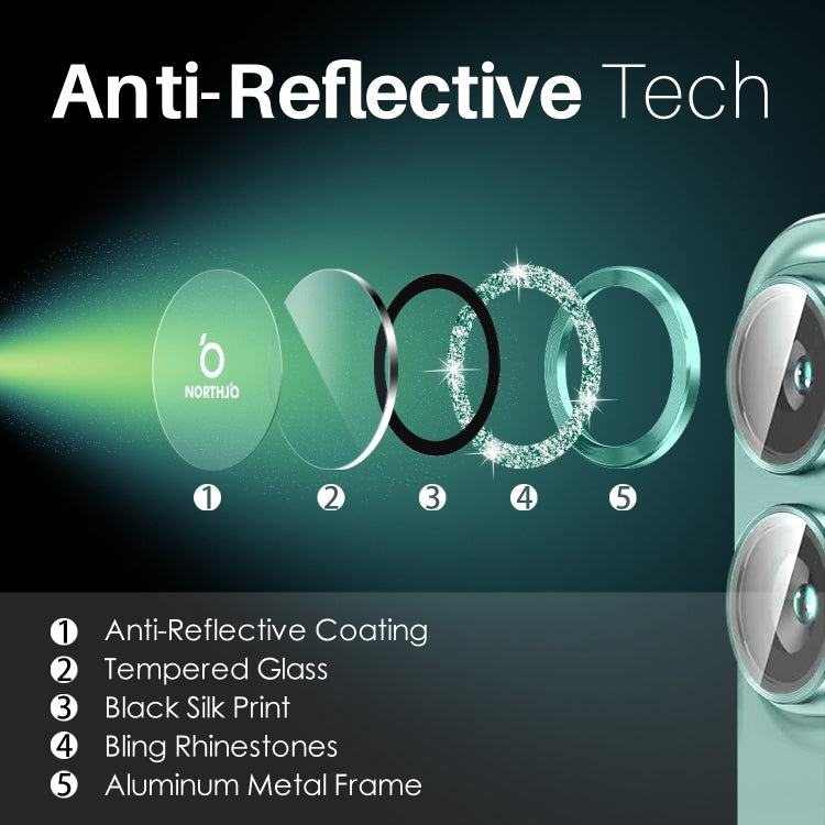 For iPhone 16 / 16 Plus NORTHJO Glitter Camera Lens Protector Tempered Glass Metal Ring Film(Cyan) by NORTHJO