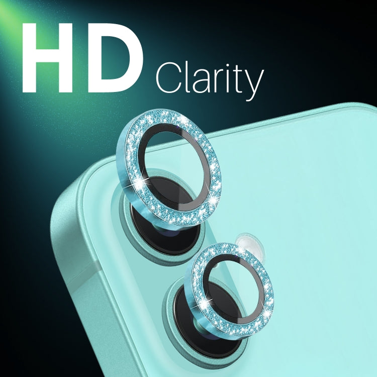 For iPhone 16 / 16 Plus NORTHJO Glitter Camera Lens Protector Tempered Glass Metal Ring Film(Cyan) by NORTHJO