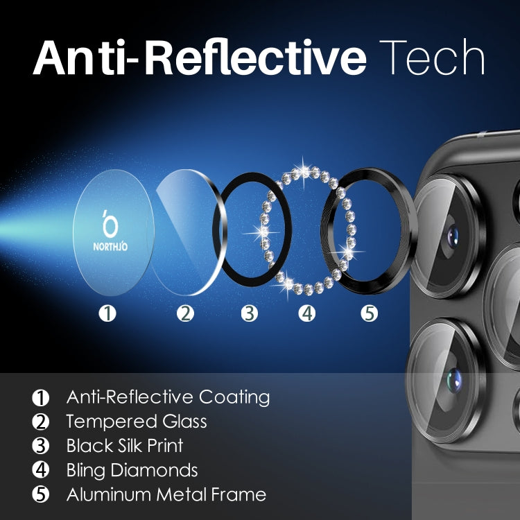 For iPhone 16 Pro / 16 Pro Max NORTHJO Rhinestone Camera Lens Protector Tempered Glass Metal Ring Film(Graphite) by NORTHJO