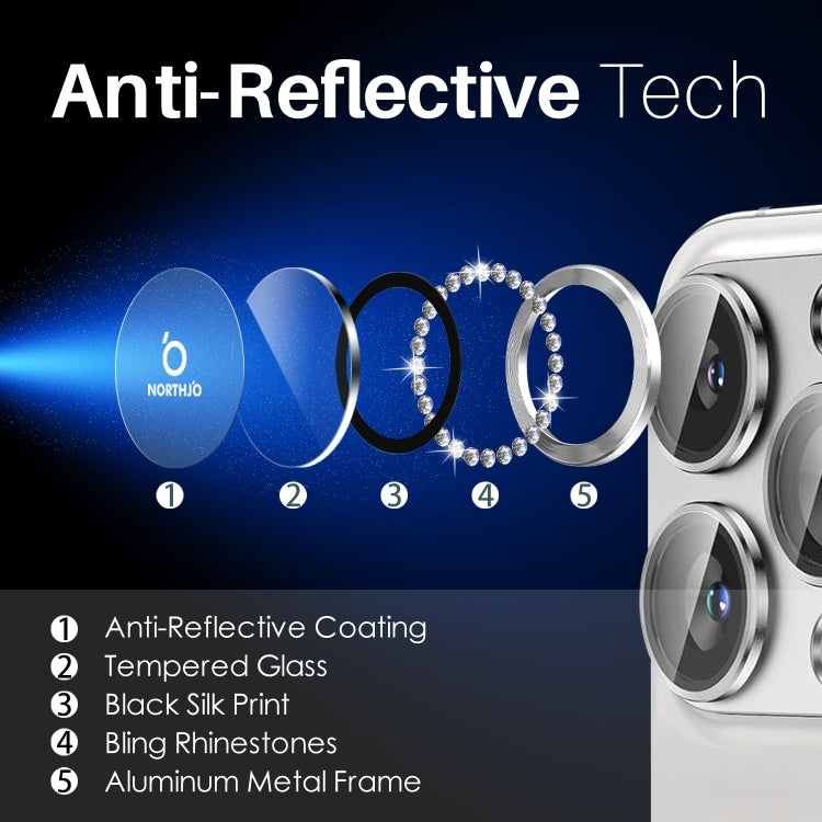 For iPhone 16 Pro / 16 Pro Max NORTHJO Rhinestone Camera Lens Protector Tempered Glass Metal Ring Film(Silver) by NORTHJO