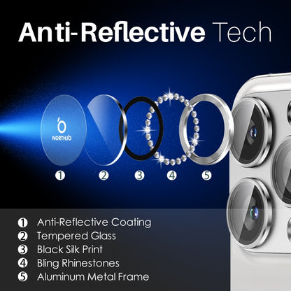 For iPhone 16 Pro / 16 Pro Max NORTHJO Rhinestone Camera Lens Protector Tempered Glass Metal Ring Film(Silver) by NORTHJO