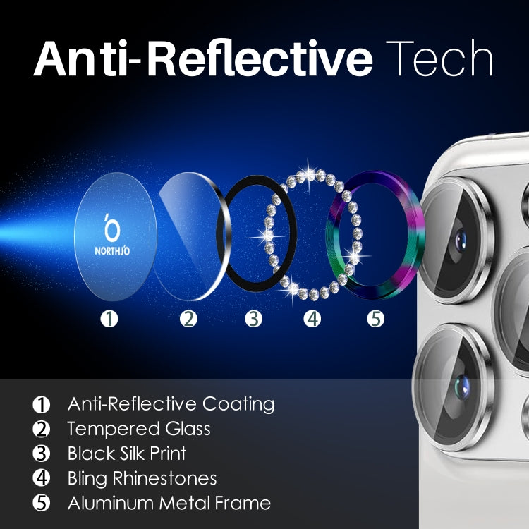 For iPhone 16 Pro / 16 Pro Max NORTHJO Rhinestone Camera Lens Protector Tempered Glass Metal Ring Film(Colorful) by NORTHJO