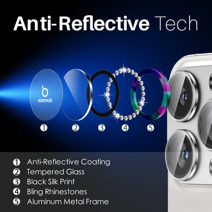 For iPhone 16 Pro / 16 Pro Max NORTHJO Rhinestone Camera Lens Protector Tempered Glass Metal Ring Film(Colorful) by NORTHJO