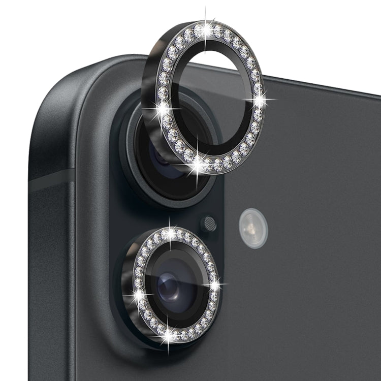 For iPhone 16 / 16 Plus NORTHJO Rhinestone Camera Lens Protector Tempered Glass Metal Ring Film(Graphite) by NORTHJO