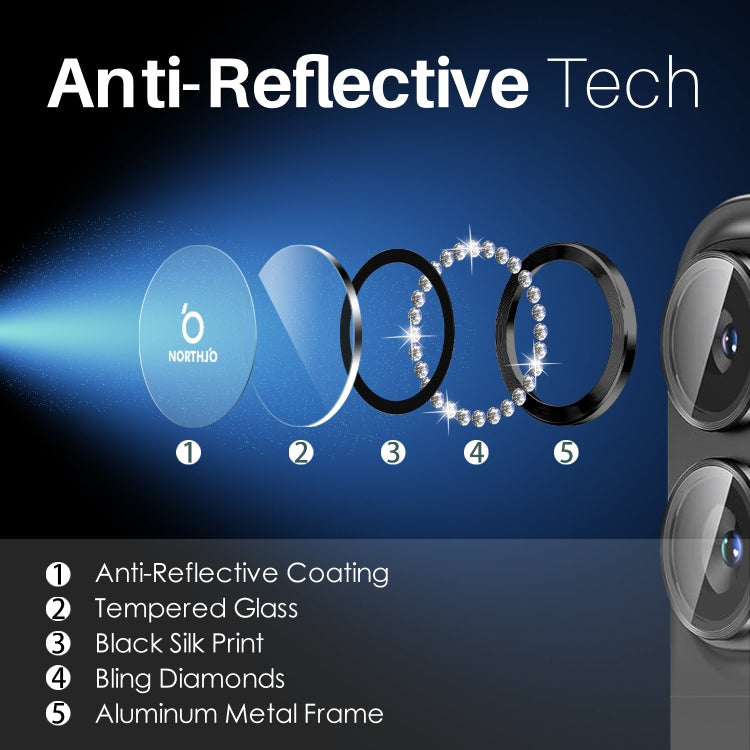 For iPhone 16 / 16 Plus NORTHJO Rhinestone Camera Lens Protector Tempered Glass Metal Ring Film(Graphite) by NORTHJO