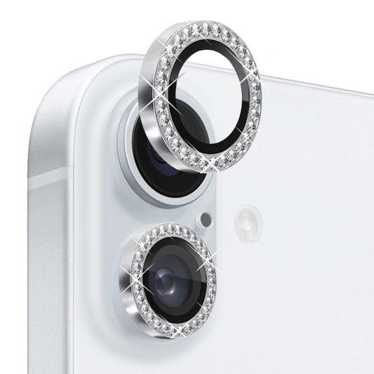 For iPhone 16 / 16 Plus NORTHJO Rhinestone Camera Lens Protector Tempered Glass Metal Ring Film(Silver) by NORTHJO