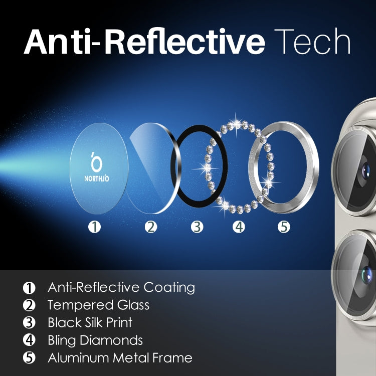 For iPhone 16 / 16 Plus NORTHJO Rhinestone Camera Lens Protector Tempered Glass Metal Ring Film(Silver) by NORTHJO