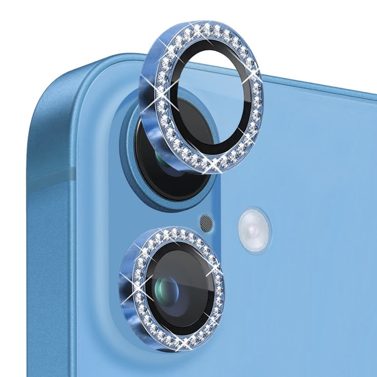 For iPhone 16 / 16 Plus NORTHJO Rhinestone Camera Lens Protector Tempered Glass Metal Ring Film(Blue) by NORTHJO