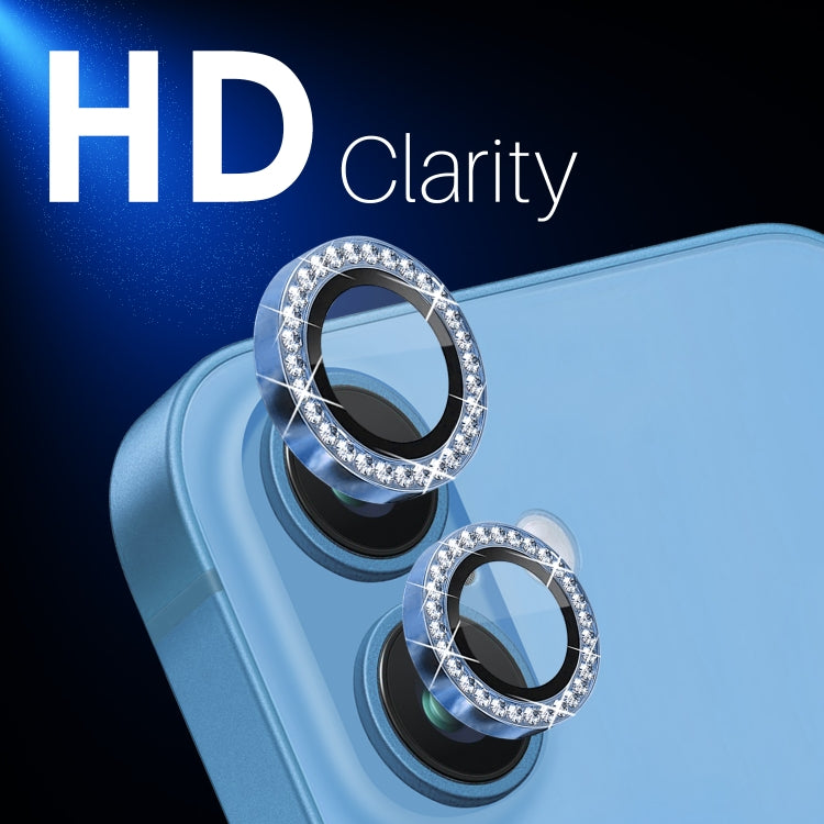 For iPhone 16 / 16 Plus NORTHJO Rhinestone Camera Lens Protector Tempered Glass Metal Ring Film(Blue) by NORTHJO