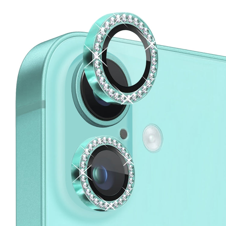 For iPhone 16 / 16 Plus NORTHJO Rhinestone Camera Lens Protector Tempered Glass Metal Ring Film(Cyan) by NORTHJO